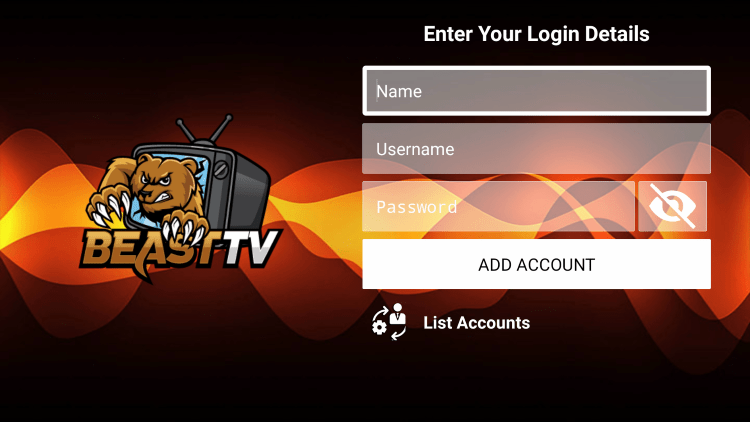 After you install the Beast IPTV application on your streaming device, you enter your account login information on this screen.