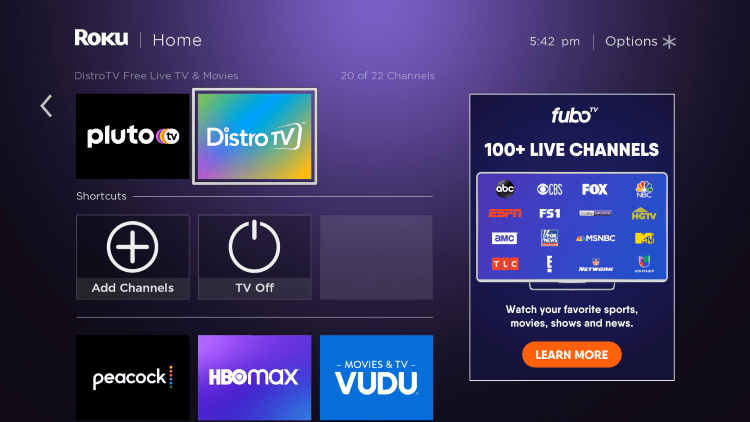 Return to the home screen and locate the Distrotv channel to launch it.
