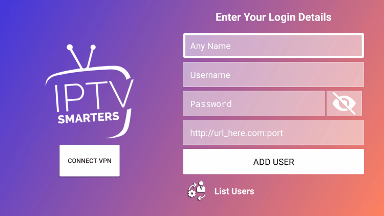 After you install the IPTV Smarters application on your streaming device, you enter your Hawks TV IPTV account login information on this screen.