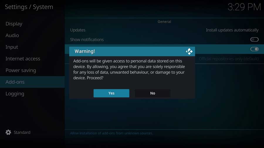 Warning box for enabling unknown sources in Kodi