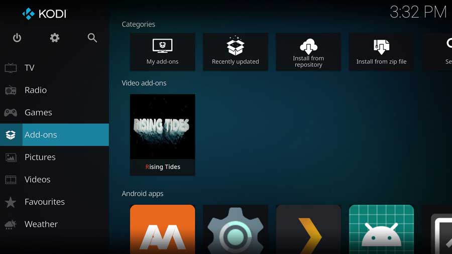 Launch the Rising Tides Kodi addon by clicking the icon