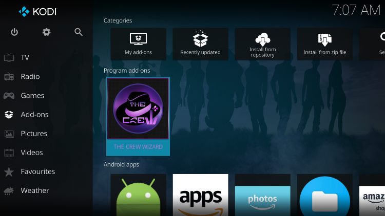 Return back to the home screen of Kodi and select Add-ons from the main menu. Then select The Crew Wizard.