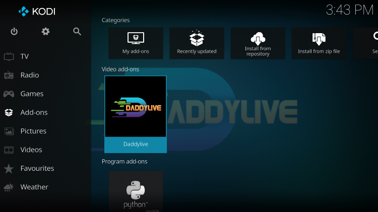 Return back to the home screen of Kodi and select Add-ons from the main menu. Then select DaddyLive.