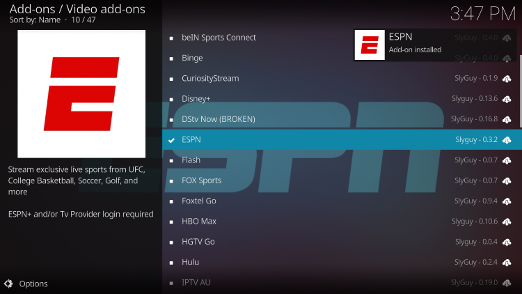 Wait a minute or two for the ESPN Add-on installed message to appear.