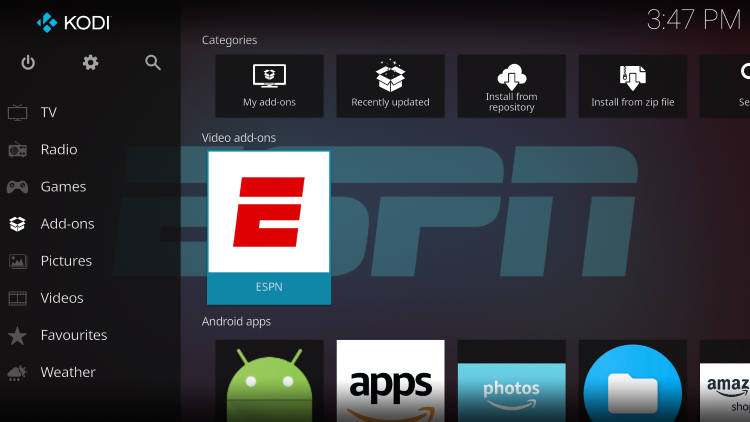 Return back to the home screen of Kodi and select Add-ons from the main menu. Then select ESPN.