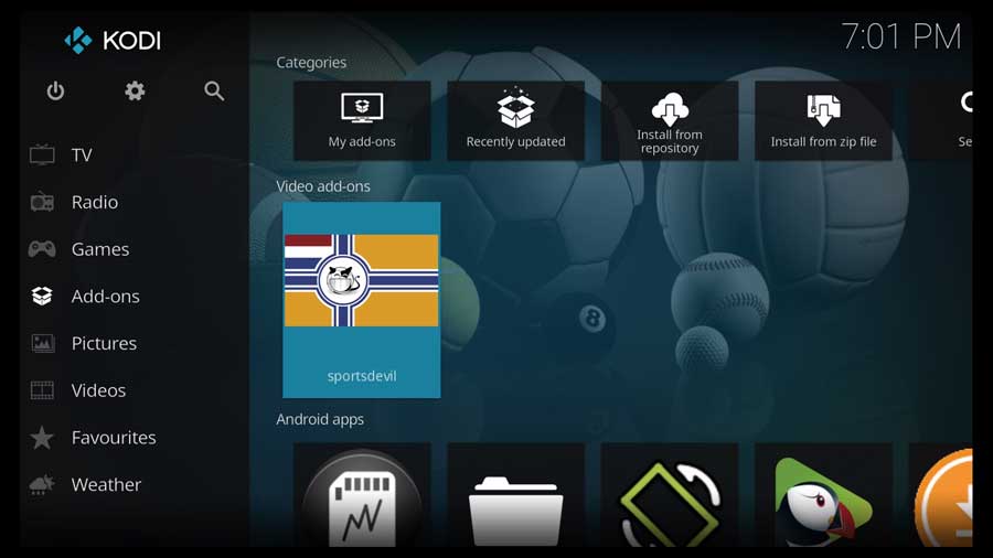 Addons menu with SportsDevil Kodi addon installed
