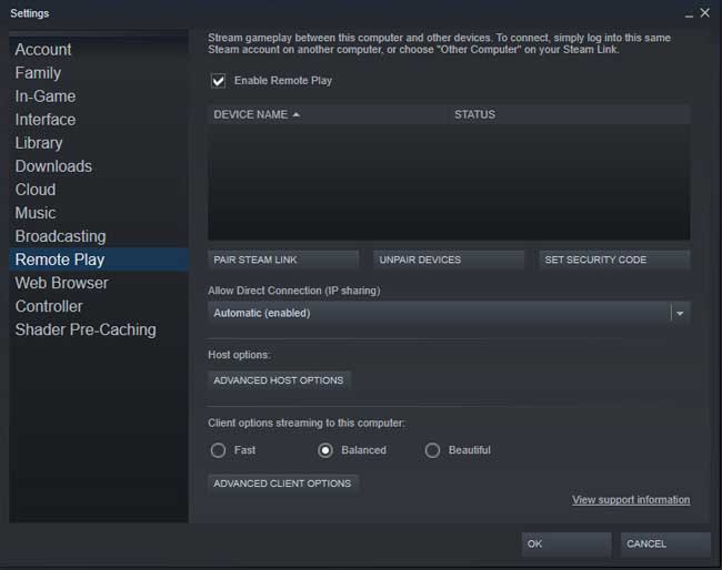 Steam Link settings menu. Remote Play section. 