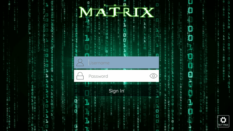 After you install the Matrix IPTV application on your streaming device, you enter your account login information on this screen.
