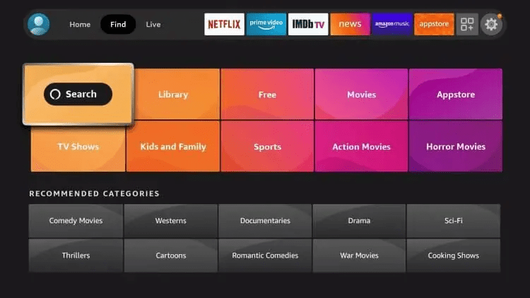 From the home screen on your Firestick/Fire TV hover over Find and click Search.
