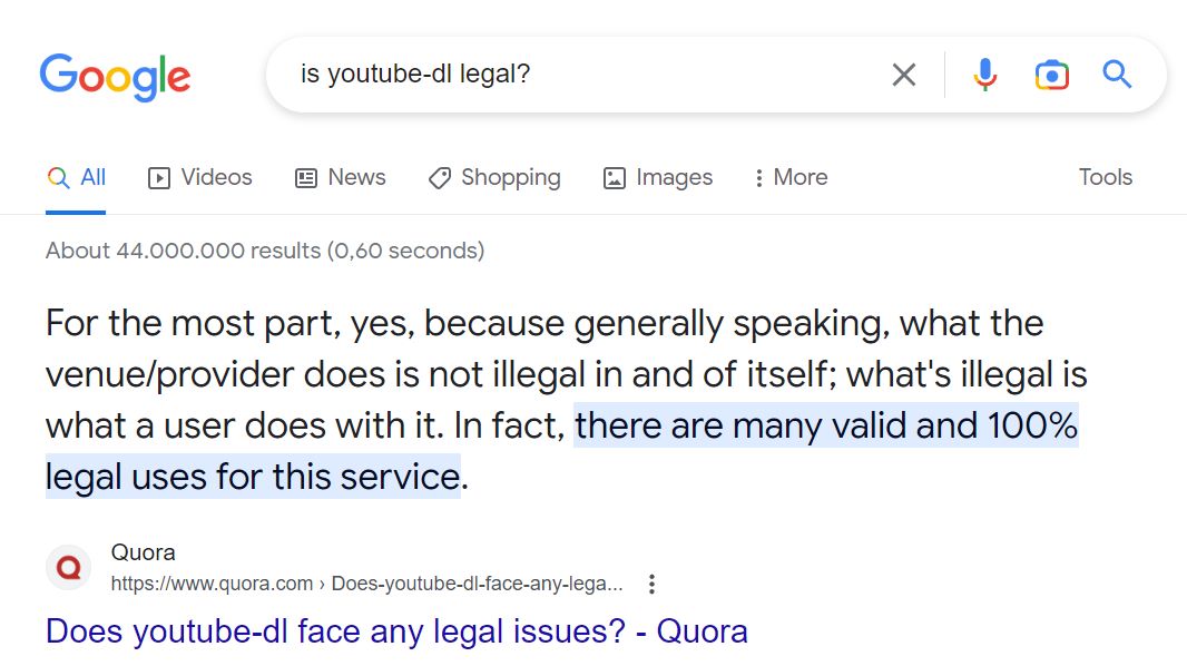 youtube-dl legal search