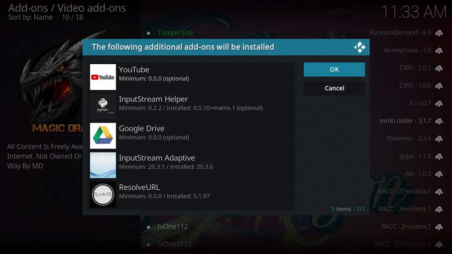 Additional addons may also need to be installed 