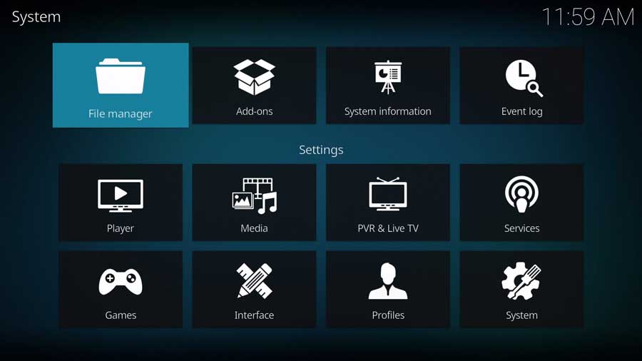 Kodi SystemSettings menu: File Manager highlighted