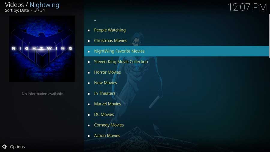 Nightwing Kodi addon Movies menu