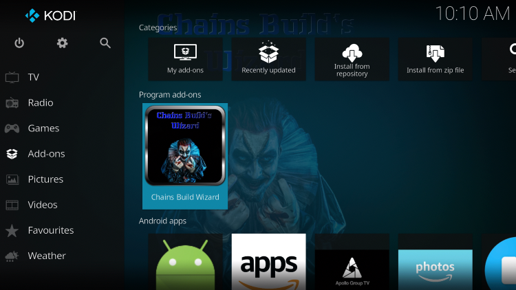 Return back to the home screen of Kodi and select Add-ons from the main menu. Then select Chains Build Wizard.