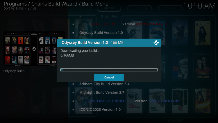 Wait a minute or two for the odyssey kodi build to download.