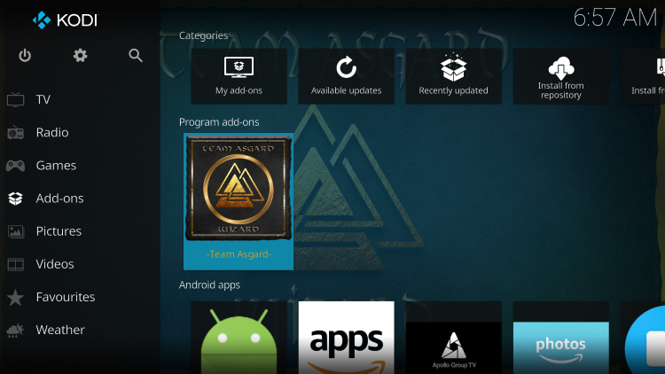 Return back to the home screen of Kodi and select Add-ons from the main menu. Then select Team Asgard Wizard.