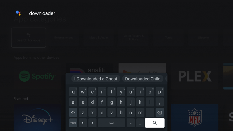 Type in "downloader" within the search bar and click the search icon.