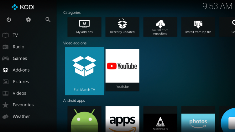 Return back to the home screen of Kodi and select Add-ons from the main menu. Then select Full Match TV.