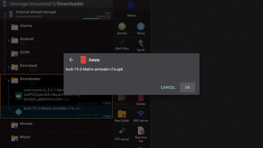 Confirm deleting file from Android TV box Downloader folder