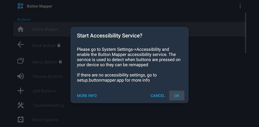 Start the Accessibility Service to use Button Mapper.