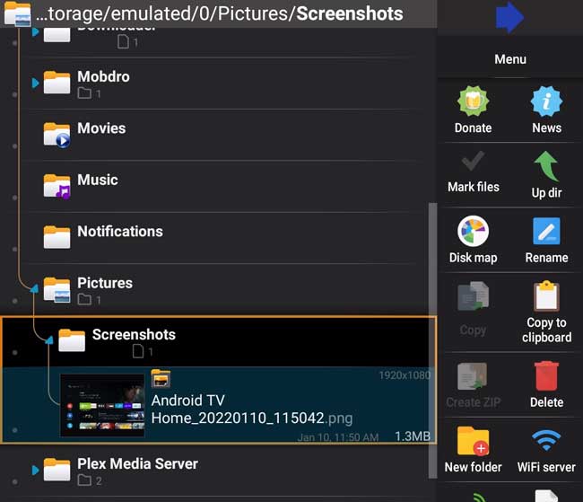 X-plore file manager: Pictures folder, Screenshots folder highlighted