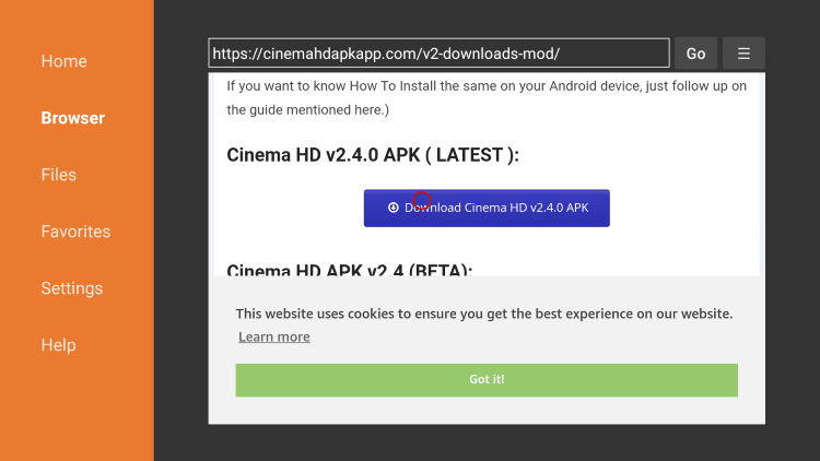 Scroll down and click Download Cinema HD APK.