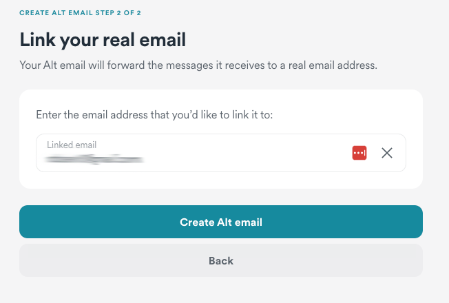 Enter the personal email you would like this new alternative email to be linked to. Then click Create Alt email.