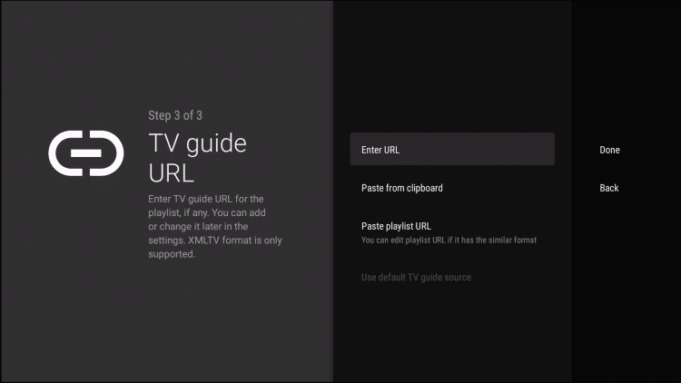 We will now insert the TV guide or EPG. click Enter URL.