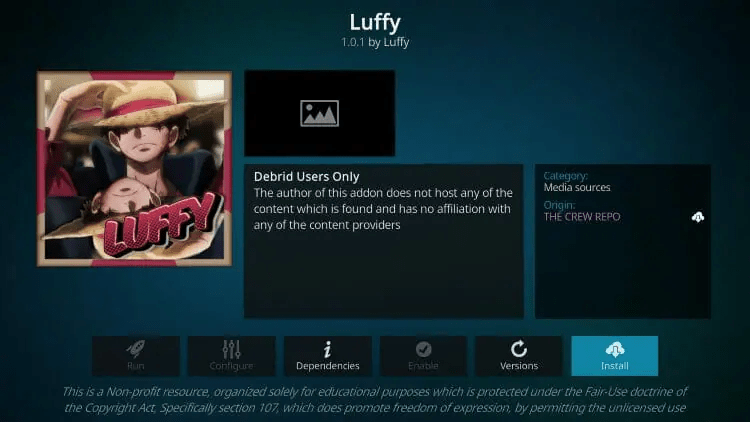 Click Install Luffy Kodi Addon