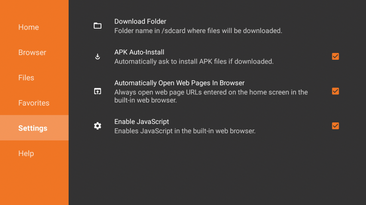 Within the Downloader Settings tab, you can customize your Download Folder, enable APK Auto-Install, Enable JavaScript, and more.