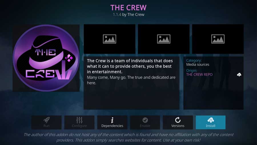 The Crew Video Add-on detail page on Kodi 19