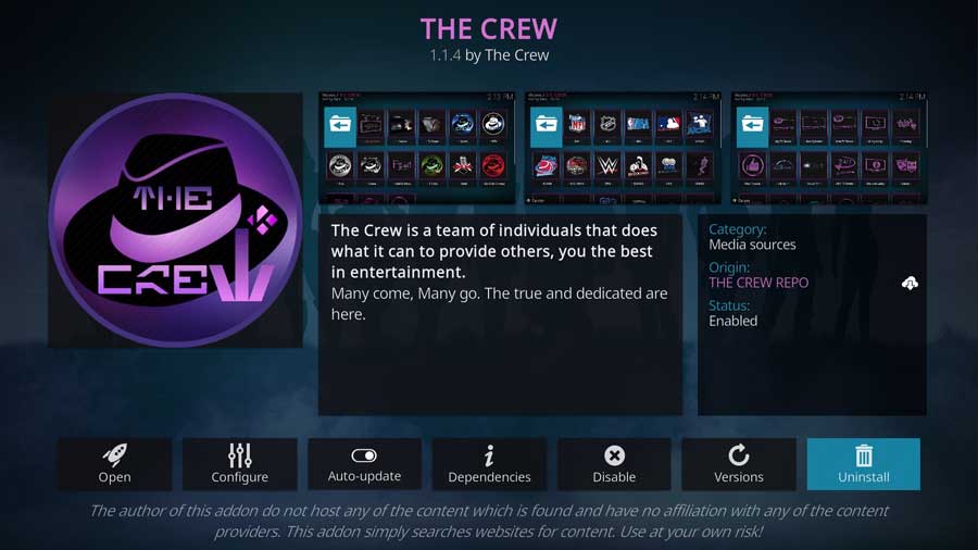 Uninstalling The Crew from the Addon detail page