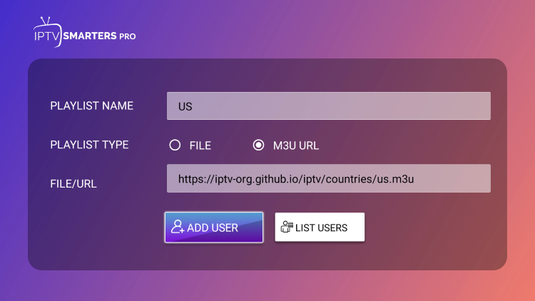 After entering your Playlist URL or file, click Add User.