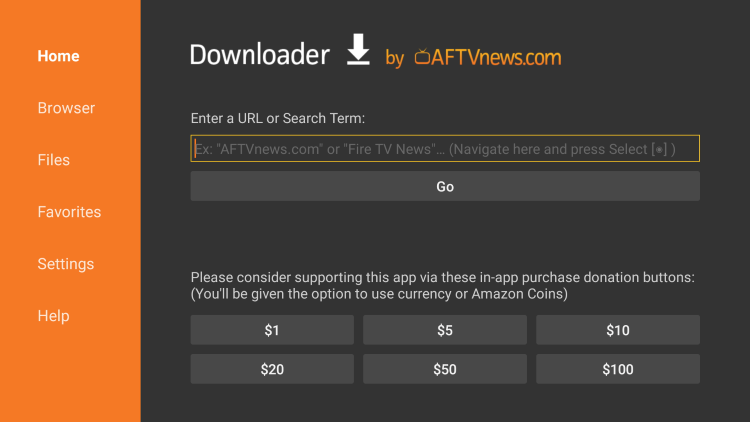 Install the Downloader app and click the search box.