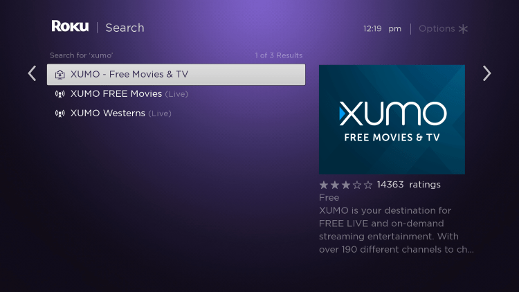 Scroll over and select the XUMO channel.