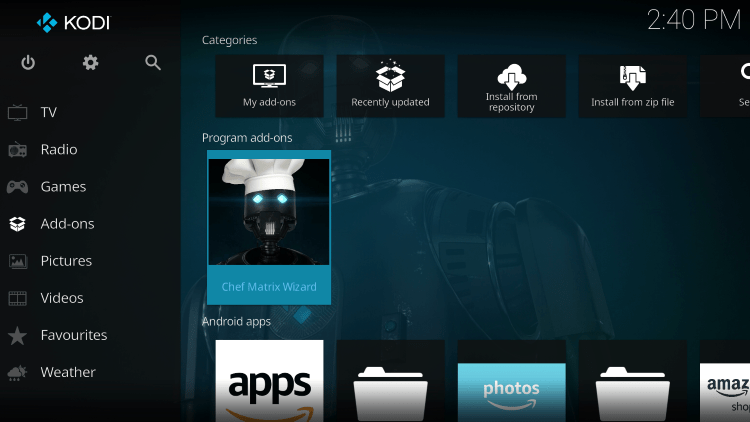 Return to the home screen of Kodi and select Add-ons from the main menu.