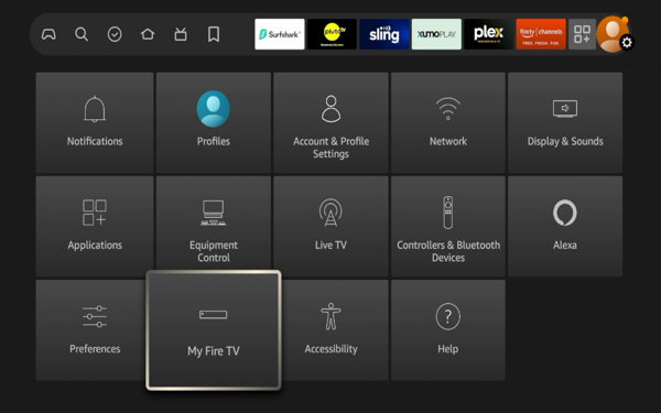 Return to the Fire TV home screen, hover over the settings icon, and click My Fire TV.